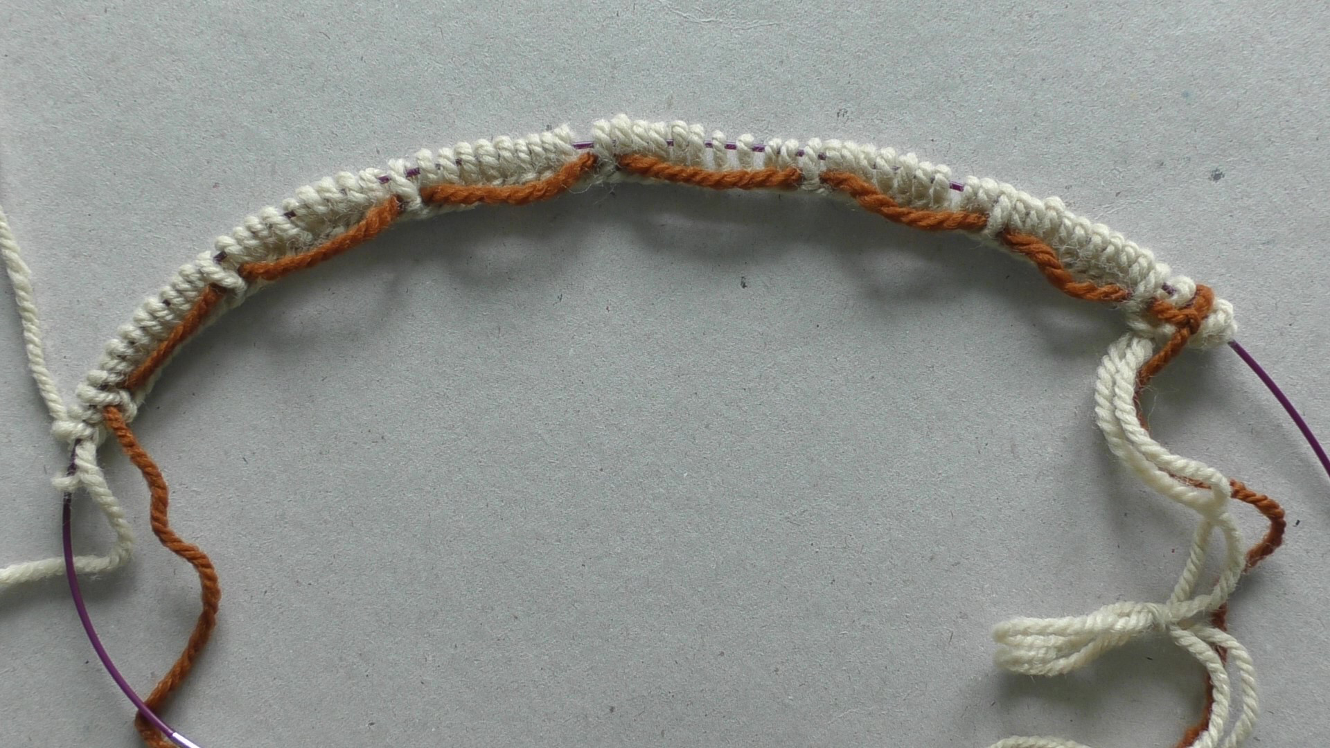 Cast-on edge showing groups of stitches marked with marker stitches.