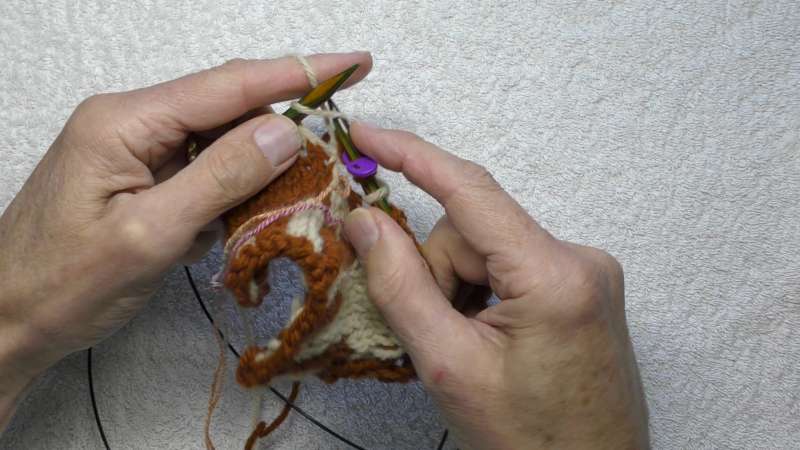 Knit into the first stitch after the steek