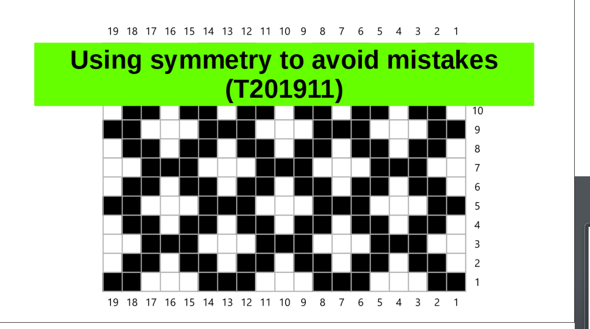 Knitting chart showing a symmetrical pattern with the video title superimposed.