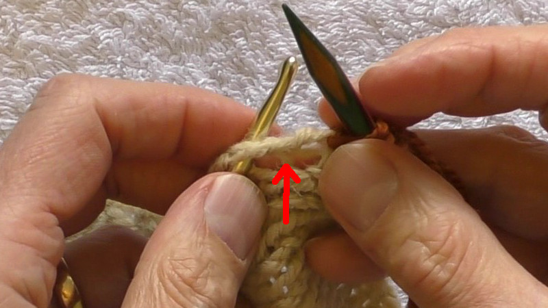 Crochet hook placed from front to back between running threads of the original fabric. A red arrow shows the running stitch of the original fabric around which the new stitch will be made.
