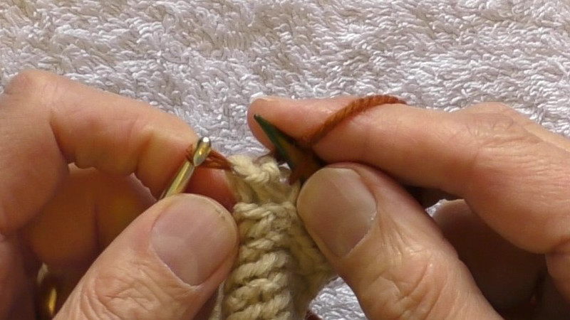 Loop of yarn on a crochet hook showing that the loop has been pulled to the front of the fabric and the working end and running thread of the yarn remain at the back.