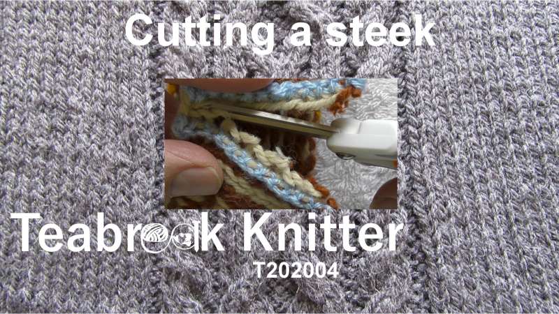 Title screen for T202004 - Cutting a steek. Shows a steek with an even number of stitches being cut with a pair of scissors.