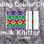Knitting chart with yarn colour represented by a coloured box. This is shown against a knitted cable background with the title of the T-Torial: Reading COloour Charts (T201908) by TeabreakKnitter.