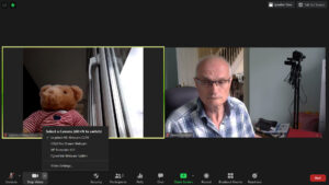 Two participants in a video conference session: a Teddy Bear and an adult male.