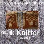 Title for T202001 - Reinforcig a steek with crochet. Shows a steek with an even number of stitches after having been reinforced with crochet chains.