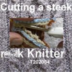 Title screen for T202004 - Cutting a steek. Shows a steek with an even number of stitches being cut with a pair of scissors.